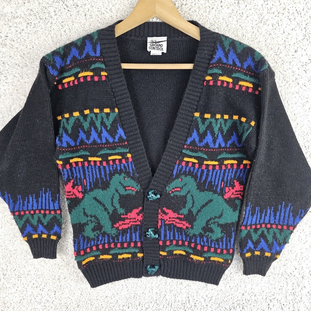 Vintage Ground Control Colorful Dinosaur Cardigan Sweater Kids Medium 12-14 USA